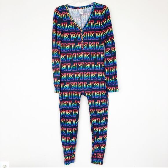 Pink Victoria’s Secret Rainbow Spell Out Butt Flap One Piece Pajamas Sz M - Picture 9 of 9